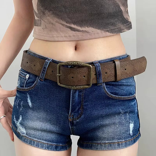 1Pc Brown Floral Embossed Belt - Vintage American Y2K Style, Distressed Denim Accessory, Casual Ethnic Artisan Leather Belt for Women