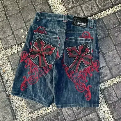 Bottega Desire Y2K New Cowboy Skateboard Shorts Cartoon Embroidery Men and Women Loose Jeans Wide-Leg Pants Hip-Hop Street Jeans