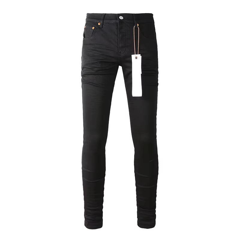 American Fashion High Street Skinny Black Distressed Jeans – Button Fly Ripped Slim Fit