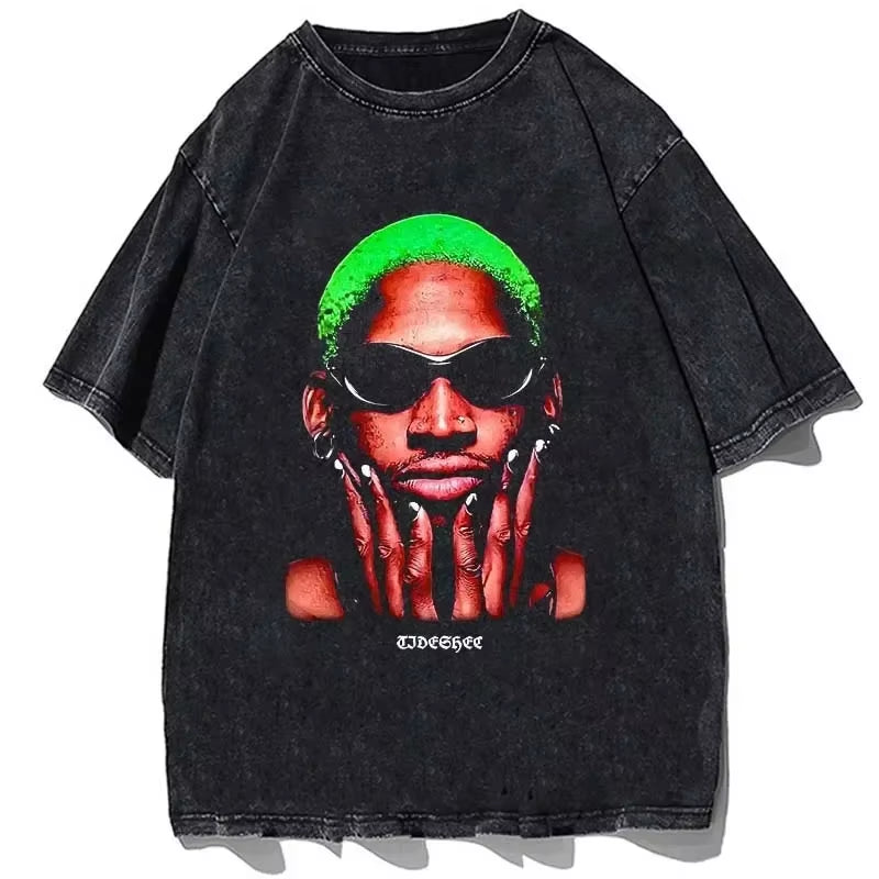 Hip Hop Streetwear Men Dennis Rodman T Shirt Rapper Print T-Shirt Washed Short Sleeve Harajuku Tee Tshirt Portrait Graphic