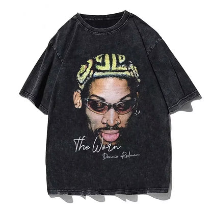 Hip Hop Streetwear Men Dennis Rodman T Shirt Rapper Print T-Shirt Washed Short Sleeve Harajuku Tee Tshirt Portrait Graphic