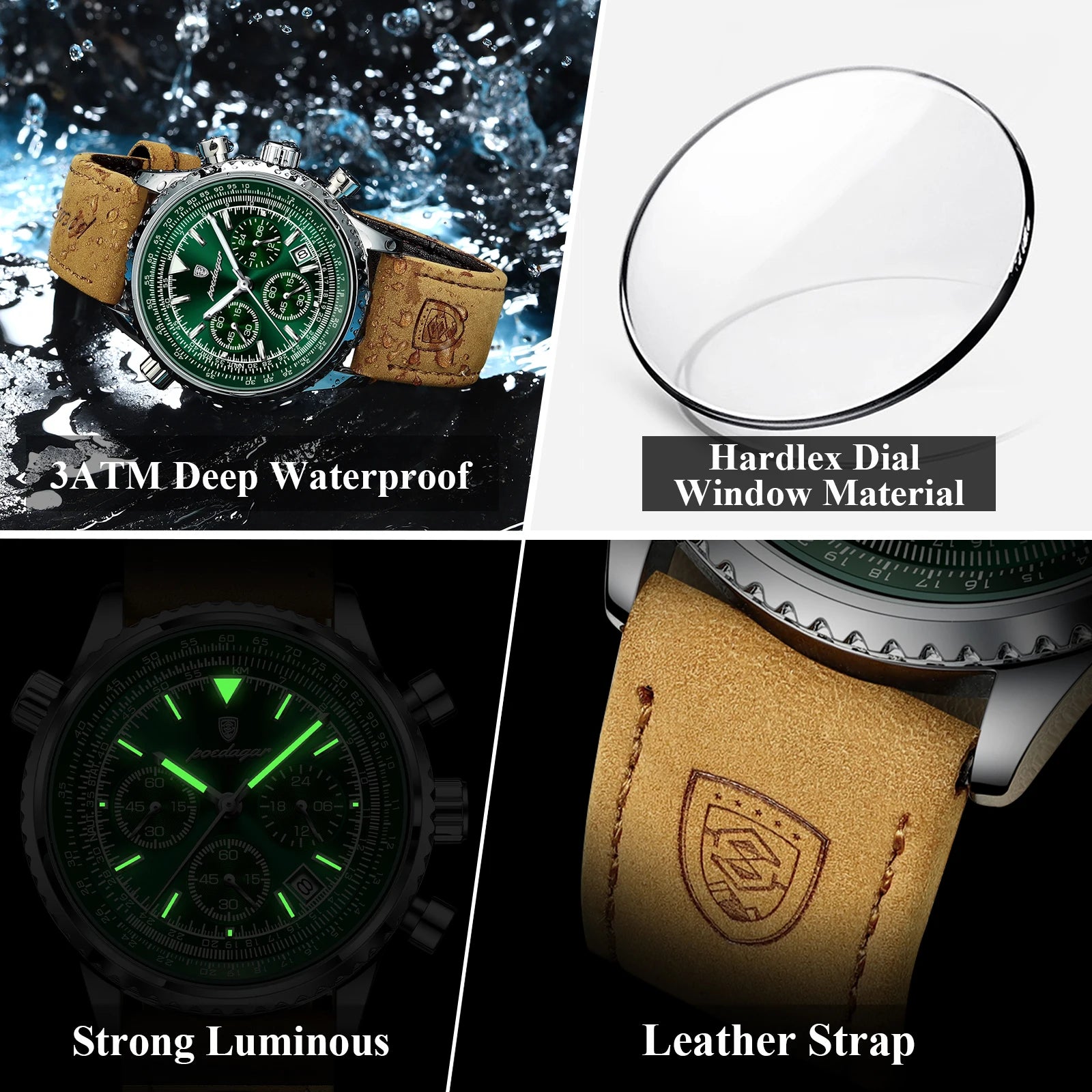 Luxury Man Watch Quartz Waterproof Luminous Date Chronograph Leather Men Wristwatch Military Sports Men'S Watches Reloj