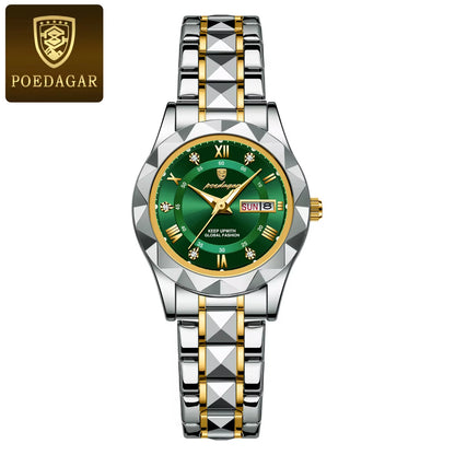 Luxury Ladies Dress Watch - Luminous, Waterproof, Week & Date Display, Stainless Steel, Quartz Movement, Gift Box Included