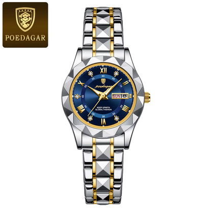 Luxury Ladies Dress Watch - Luminous, Waterproof, Week & Date Display, Stainless Steel, Quartz Movement, Gift Box Included