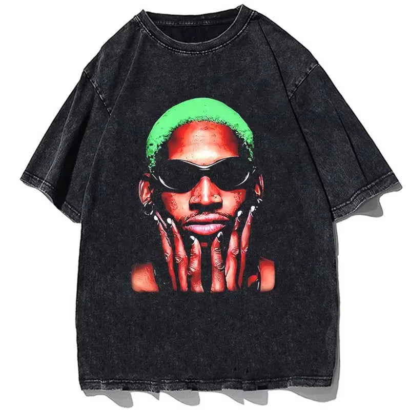 Hip Hop Streetwear Men Dennis Rodman T Shirt Rapper Print T-Shirt Washed Short Sleeve Harajuku Tee Tshirt Portrait Graphic