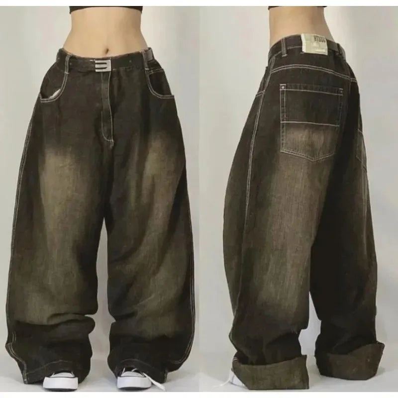 Title: Y2K Streetwear Multi-Pocket Baggy Jeans – Unisex High-Waist Wide-Leg Denim