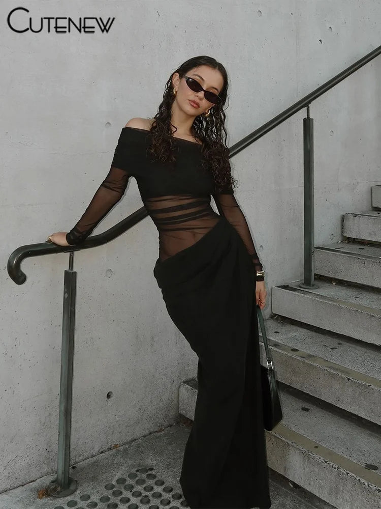 Title: Sexy Mesh Ruched Off-Shoulder Maxi Dress – See-Through Long Sleeve Sheath