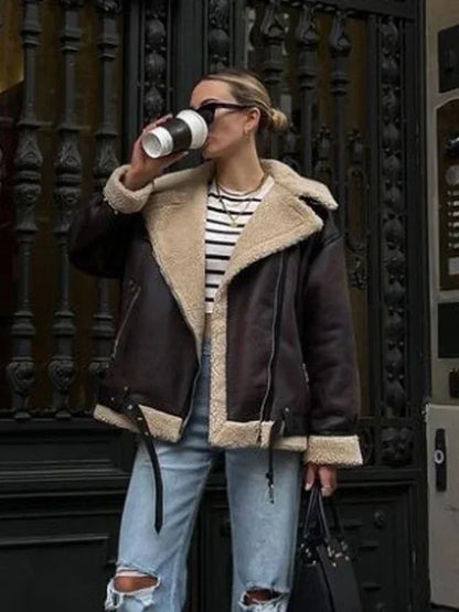 Fashionable Winter Warm Faux Fur Jacket for Women – Long Sleeve Moto Biker Zipper Coat, Casual Autumn Lapel Jacket