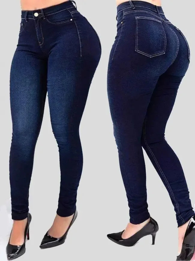 Women's Solid Color High-Waisted Denim Jeans – Slimming Fit, Street Style Shaping Pants for a Flattering Silhouette.