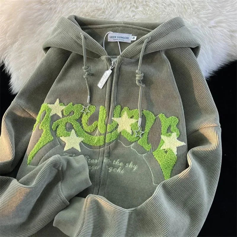 Fashion Embroidered Zip-Up Hoodie for Women – Autumn Long Sleeve Loose Hooded Shirt, Harajuku Y2K Style Sweatshirt Jacket.