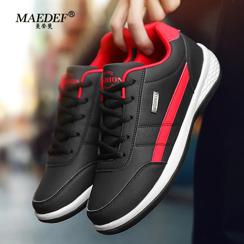 Men's Leather Sneakers – Waterproof Casual Lace-Up Sneakers, Comfortable Vulcanized Footwear for Men