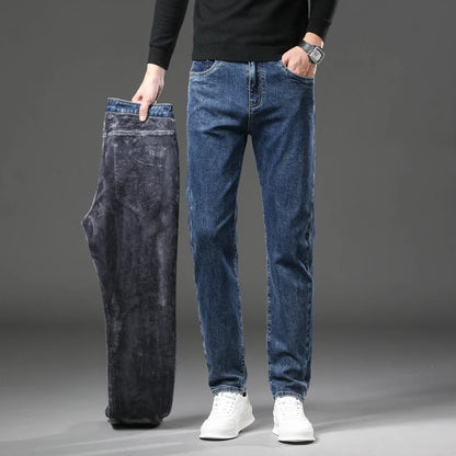 Men’s Winter Fleece-Lined Jeans – Warm Slim Straight Elastic Denim Pants