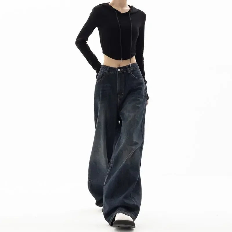 Title: Vintage Black Wide-Leg Baggy Jeans – Y2K Korean Grunge Streetwear