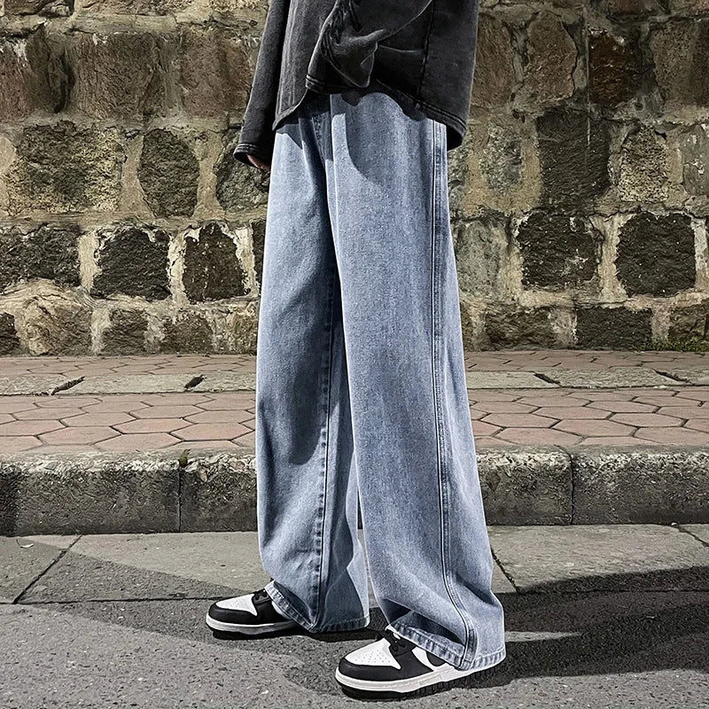 Men's Korean Style Wide-Leg Baggy Jeans – Casual High Street Straight-Leg Denim Pants for Students in Black, Grey, and Blue.