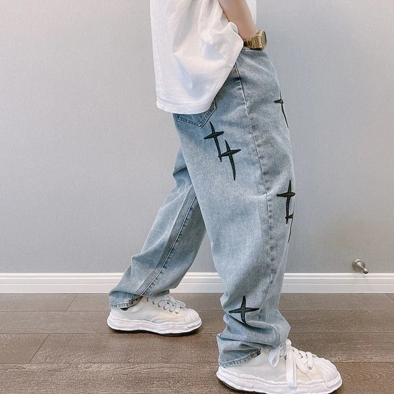 2023 Printed Jeans for Men - Streetwear Baggy Wide-Leg Denim | Korean Fashion Draped Straight Casual Loose Cargo Pants