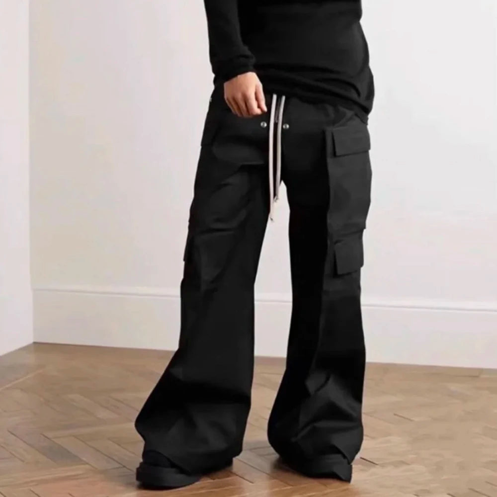 Ro Style Wide Leg Drawstring Black Cargo Pants Unisex Straight Baggy Casual Overalls Men'S Streetwear Loose Oversized Trousers