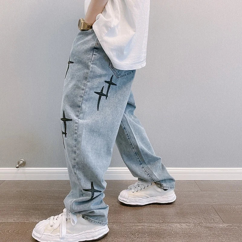 2023 Printed Jeans for Men - Streetwear Baggy Wide-Leg Denim | Korean Fashion Draped Straight Casual Loose Cargo Pants