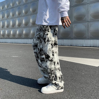 Spring 2025 Printed Jeans - Unisex Elastic Waist Loose Fit Trousers | Korean Style High Street Fashion & Hip Hop Pants for Men"