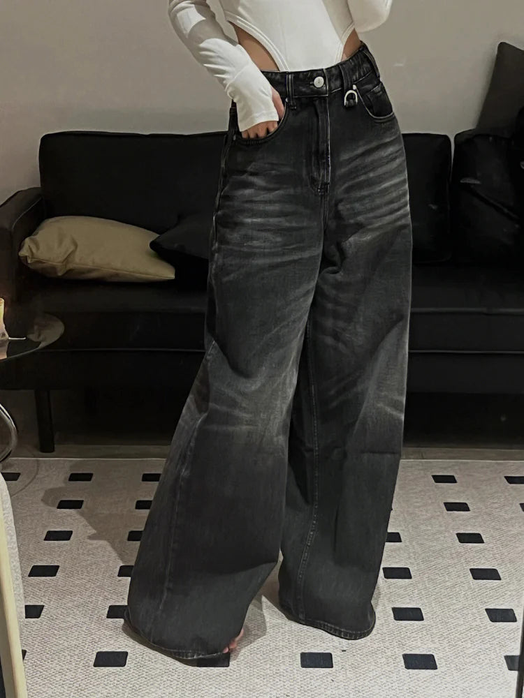 Title: Vintage Black Wide-Leg Baggy Jeans – Y2K Korean Grunge Streetwear