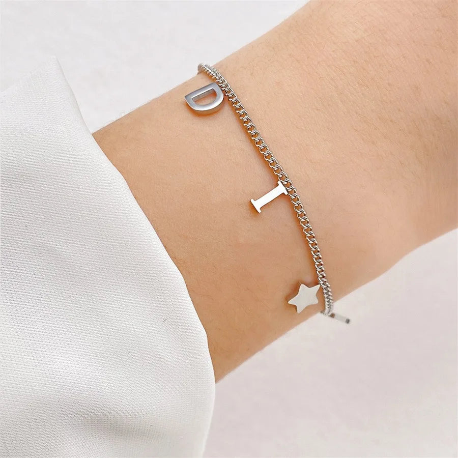 Korean New Fashion Letter Star Pendant Bracelet – Simple Vintage Stainless Steel Jewelry for Women