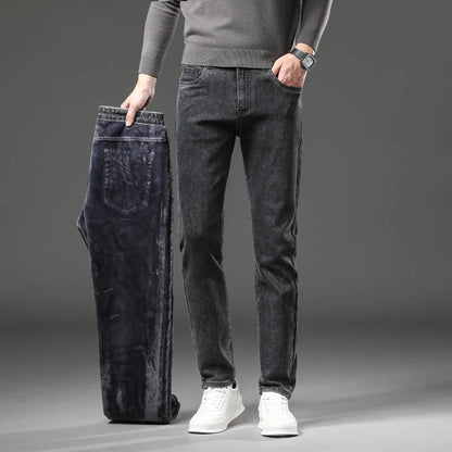 Men’s Winter Fleece-Lined Jeans – Warm Slim Straight Elastic Denim Pants