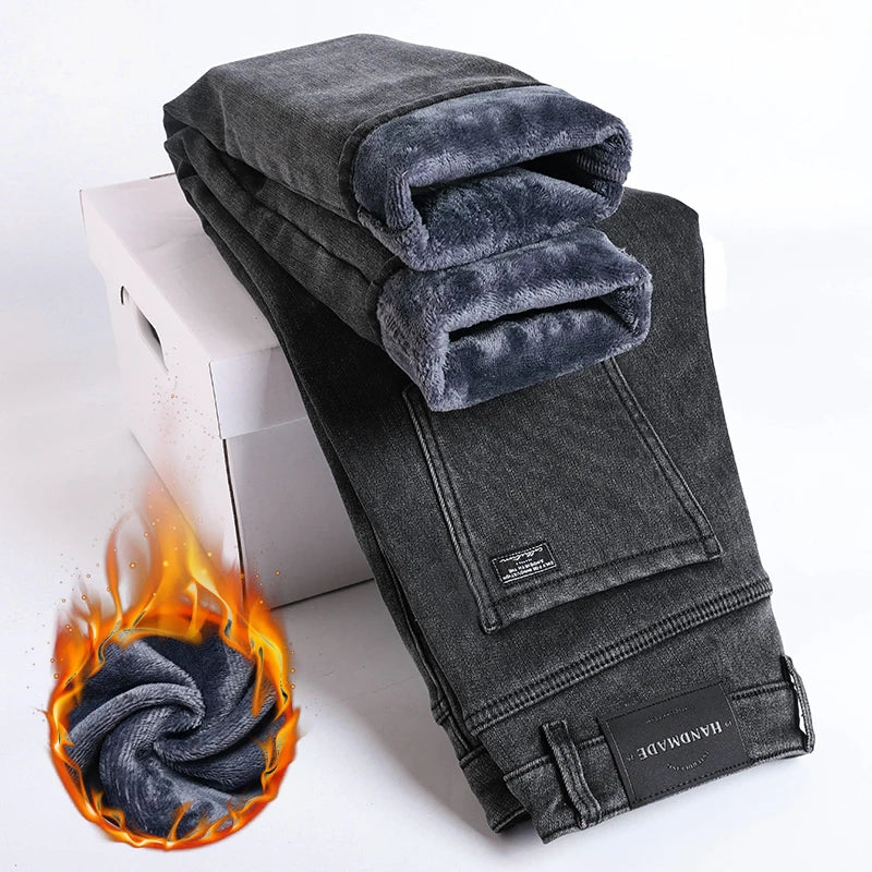 Men’s Winter Fleece-Lined Jeans – Warm Slim Straight Elastic Denim Pants