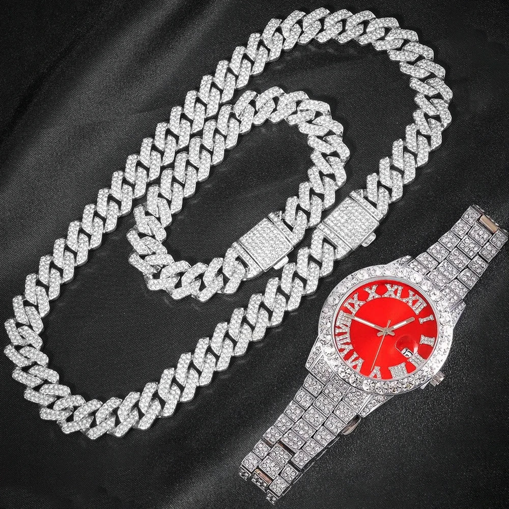 3PCS Iced Out Cuban Chain Watch Set for Men – Miami Curb Rapper Jewelry | Paved Rhinestone Suit Watch + Bracelet & Necklace | Hip Hop Bling Luxury Gift Box (Gold/Silver)"