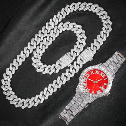3PCS Iced Out Cuban Chain Watch Set for Men – Miami Curb Rapper Jewelry | Paved Rhinestone Suit Watch + Bracelet & Necklace | Hip Hop Bling Luxury Gift Box (Gold/Silver)"