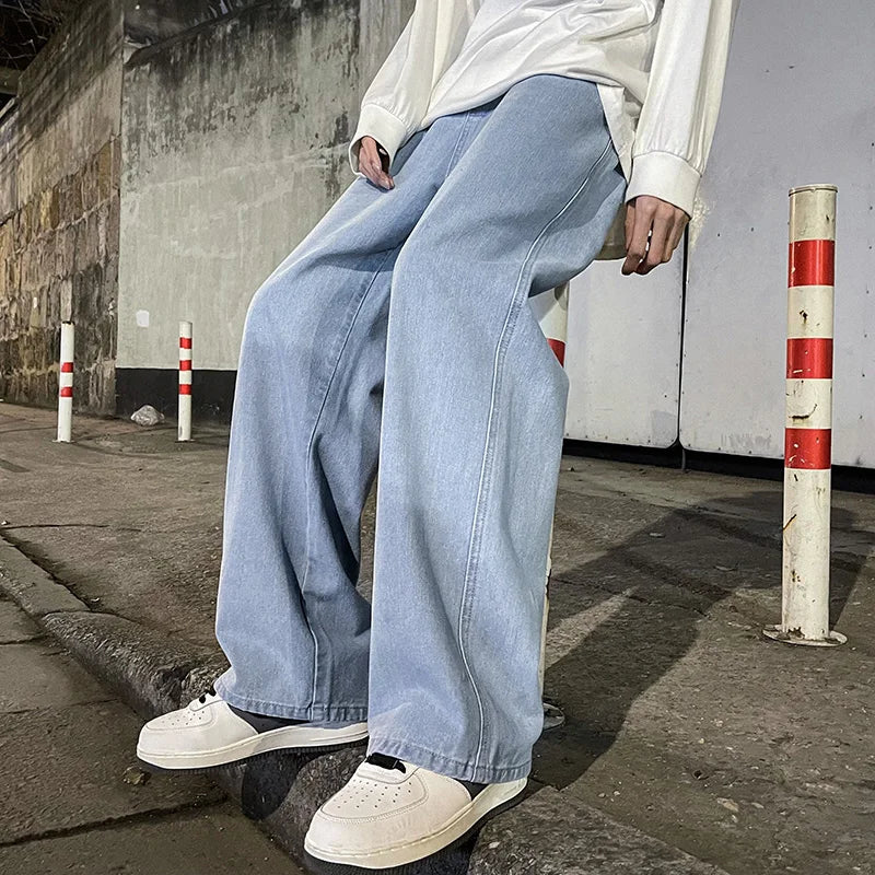 Men's Korean Style Wide-Leg Baggy Jeans – Casual High Street Straight-Leg Denim Pants for Students in Black, Grey, and Blue.