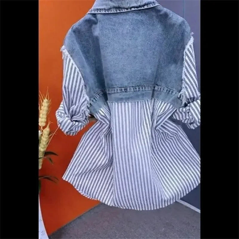 2025 Women's Denim Jacket – Fake Two-Piece Striped Stitching Casual Coat