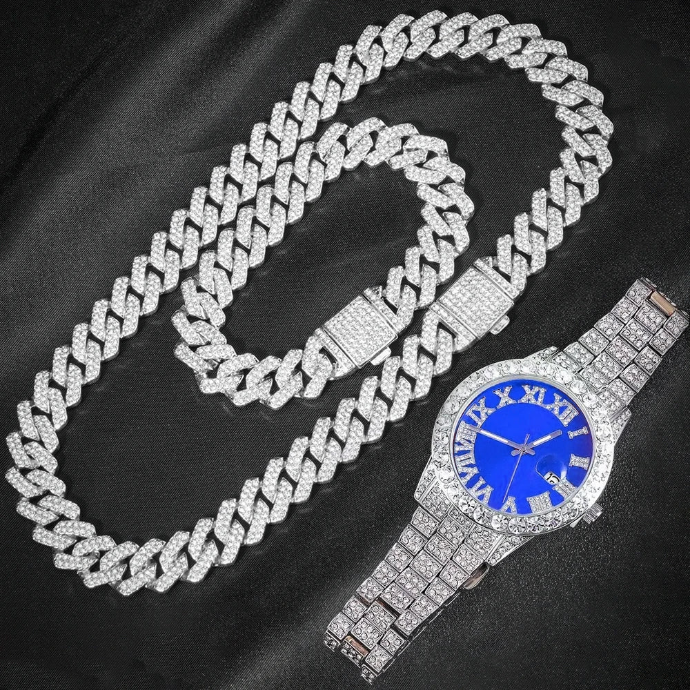 3PCS Iced Out Cuban Chain Watch Set for Men – Miami Curb Rapper Jewelry | Paved Rhinestone Suit Watch + Bracelet & Necklace | Hip Hop Bling Luxury Gift Box (Gold/Silver)"