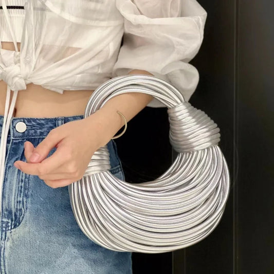 2024 Luxury Handwoven Noodle Bag – Gold & Silver Designer Hobo Clutch