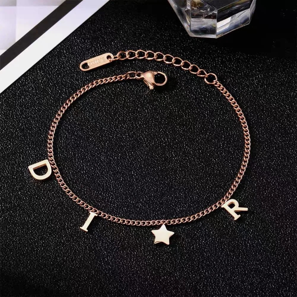 Korean New Fashion Letter Star Pendant Bracelet – Simple Vintage Stainless Steel Jewelry for Women