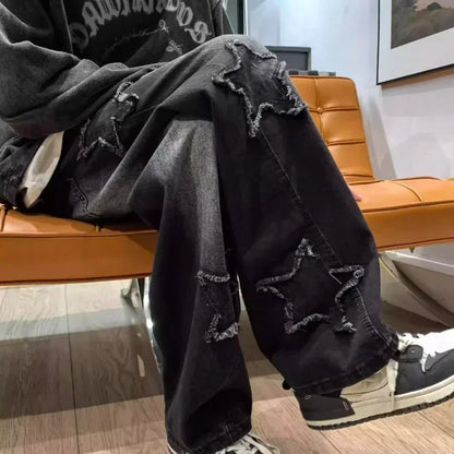 Y2K Stars Patchwork Jeans - New Fashion Tassel Pants for Men | Korean Streetwear Straight-Leg Spliced Hip Hop Trousers