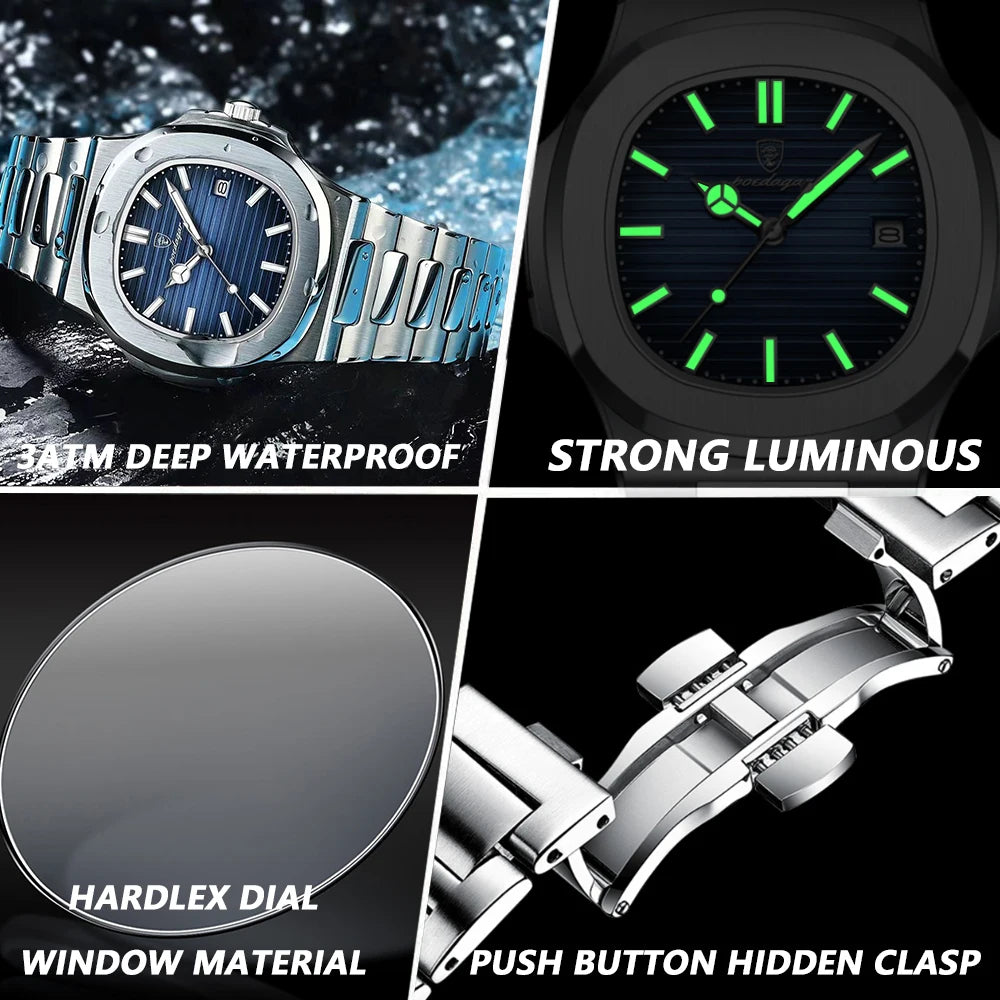 2023 New Luxury Men's Watch – Waterproof Stainless Steel Square Quartz Watch with Luminous Date Display (Reloj Hombre)