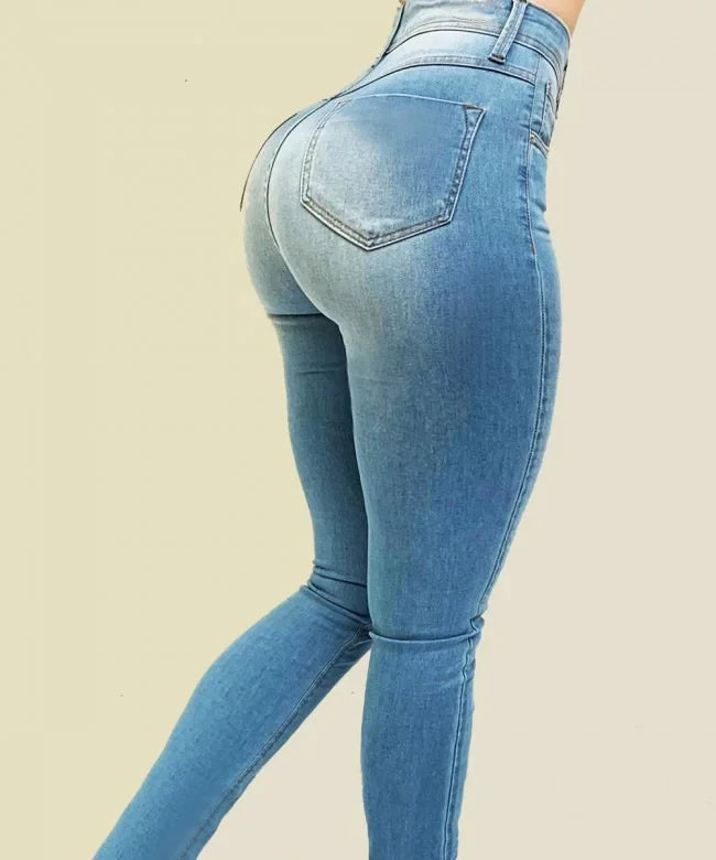 Women's Solid Color High-Waisted Denim Jeans – Slimming Fit, Street Style Shaping Pants for a Flattering Silhouette.