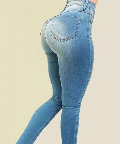 Women's Solid Color High-Waisted Denim Jeans – Slimming Fit, Street Style Shaping Pants for a Flattering Silhouette.