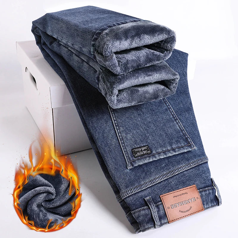 Men’s Winter Fleece-Lined Jeans – Warm Slim Straight Elastic Denim Pants