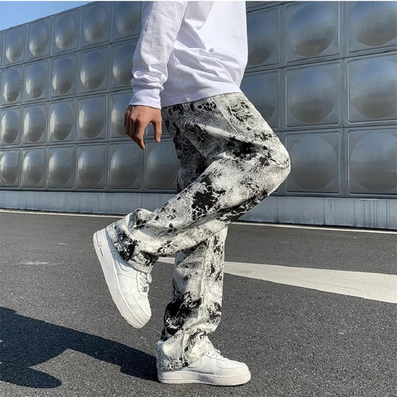 Spring 2025 Printed Jeans - Unisex Elastic Waist Loose Fit Trousers | Korean Style High Street Fashion & Hip Hop Pants for Men"