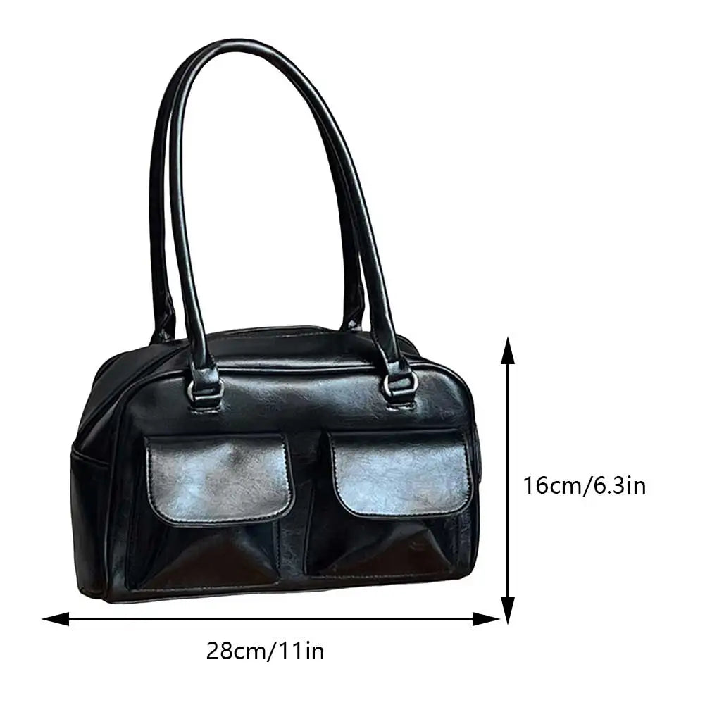 Title: Retro Women's PU Leather Satchel Hobo Bag – Double Pocket Designer Underarm Bag