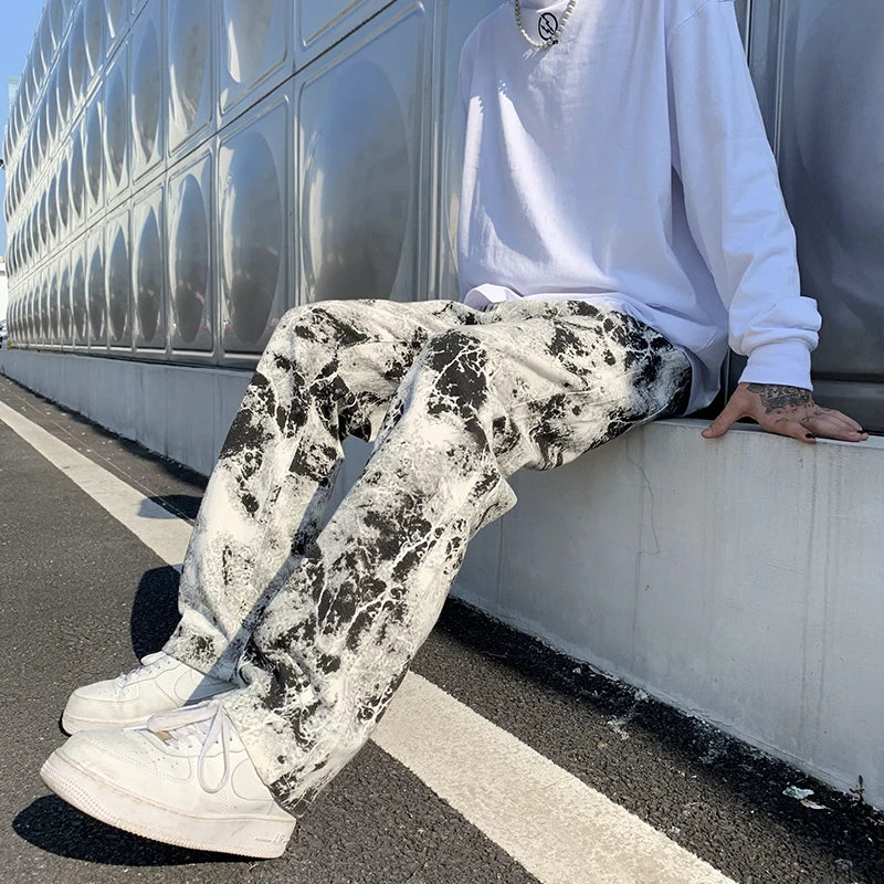 Spring 2025 Printed Jeans - Unisex Elastic Waist Loose Fit Trousers | Korean Style High Street Fashion & Hip Hop Pants for Men"