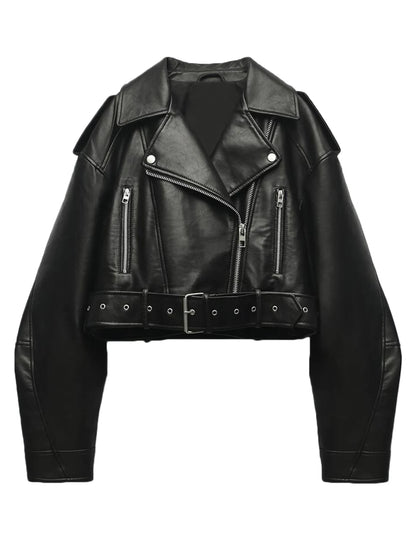 Title: Women's Faux PU Leather Jacket – Casual Lapel Zipper Motorcycle Coat