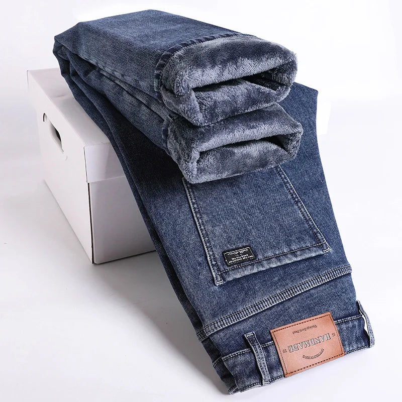 Men’s Winter Fleece-Lined Jeans – Warm Slim Straight Elastic Denim Pants