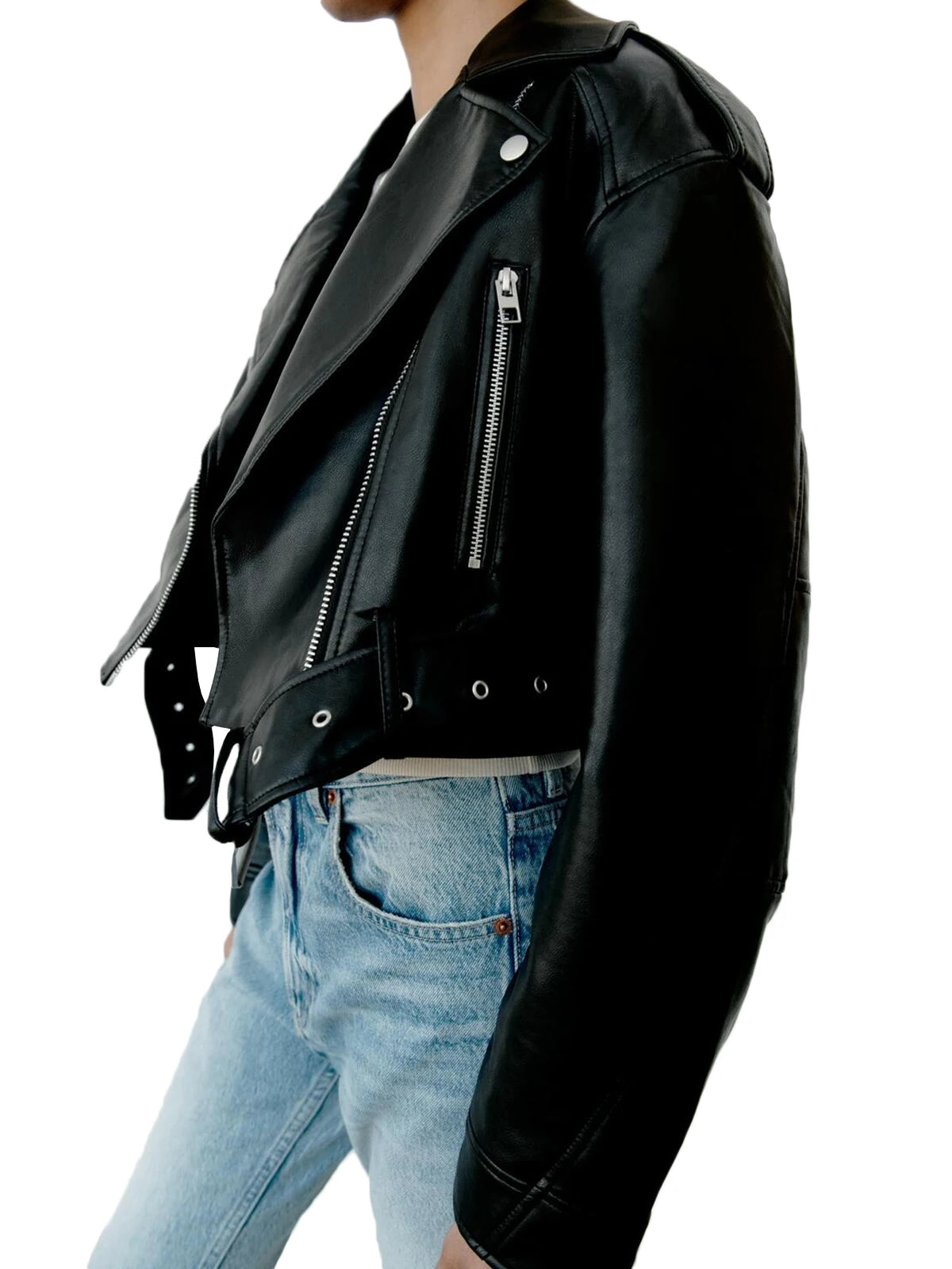 Title: Women's Faux PU Leather Jacket – Casual Lapel Zipper Motorcycle Coat