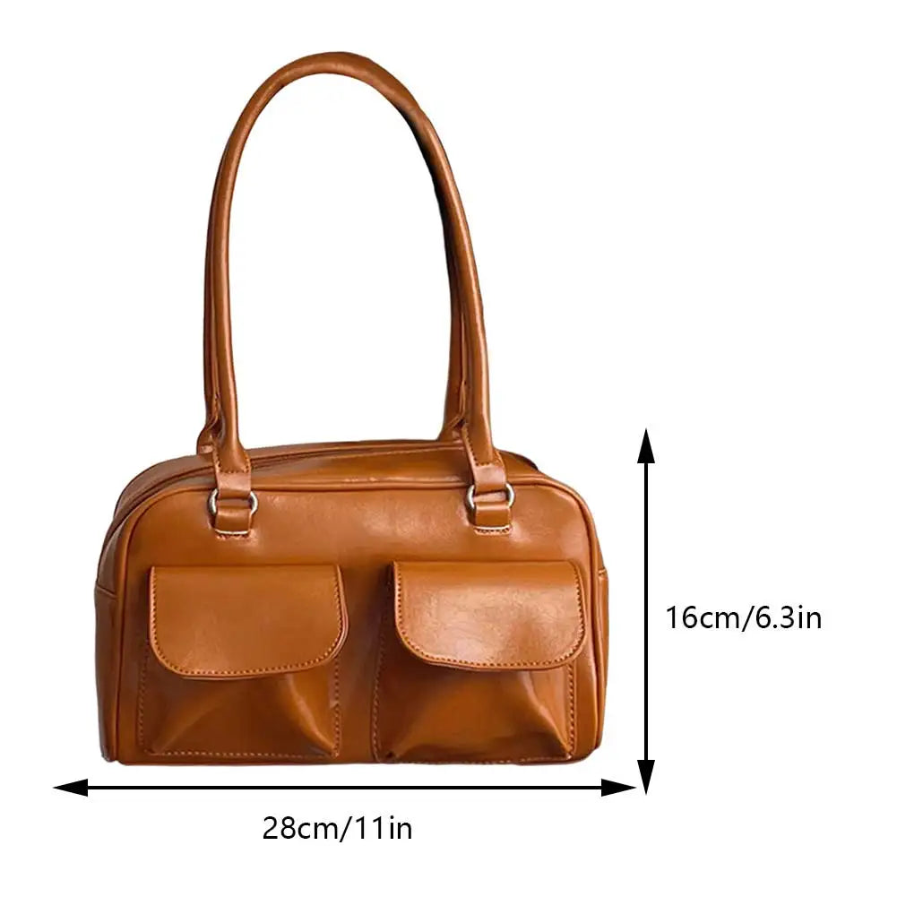 Title: Retro Women's PU Leather Satchel Hobo Bag – Double Pocket Designer Underarm Bag