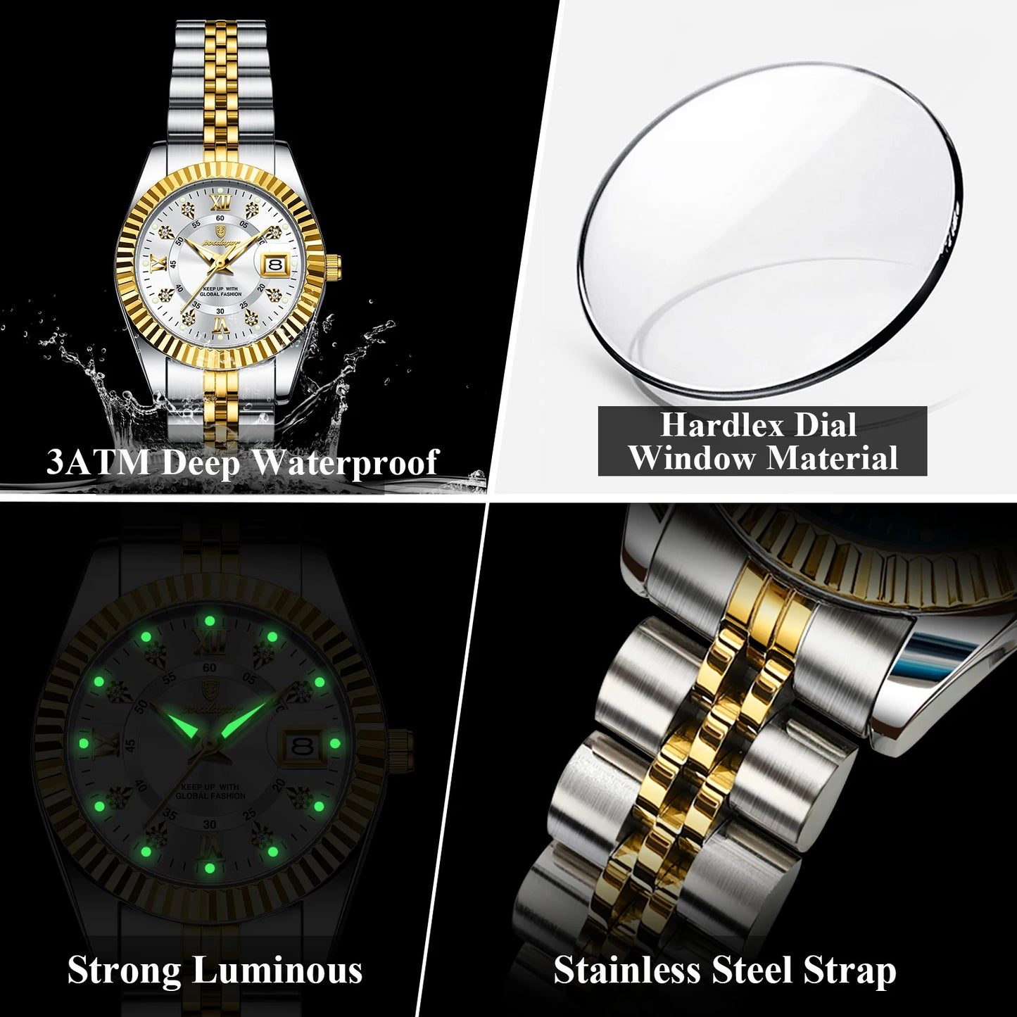 Luxury Elegant Watch for Women - Waterproof, Luminous, Date Display, Stainless Steel, Quartz Movement