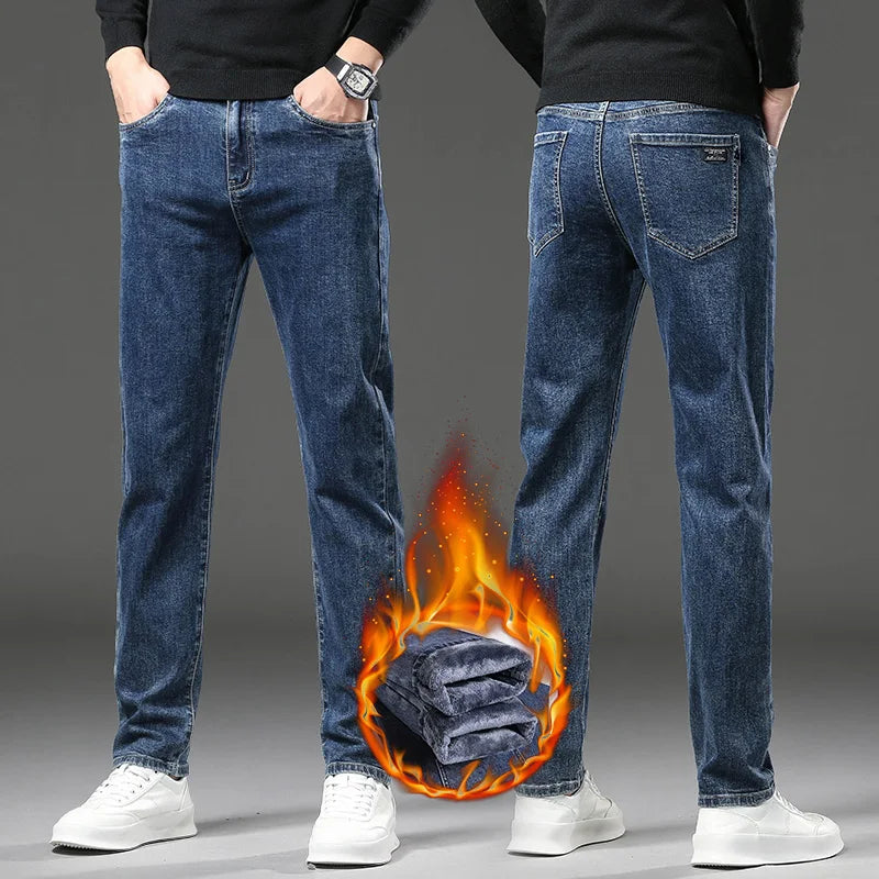 Men’s Winter Fleece-Lined Jeans – Warm Slim Straight Elastic Denim Pants