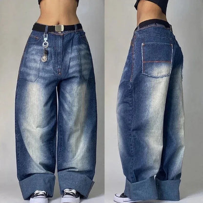 Title: Y2K Streetwear Multi-Pocket Baggy Jeans – Unisex High-Waist Wide-Leg Denim