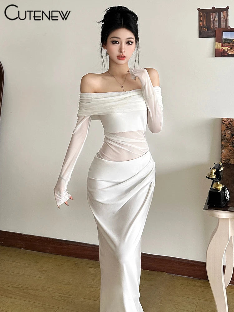 Title: Sexy Mesh Ruched Off-Shoulder Maxi Dress – See-Through Long Sleeve Sheath