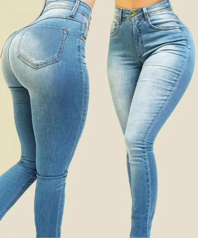 Women's Solid Color High-Waisted Denim Jeans – Slimming Fit, Street Style Shaping Pants for a Flattering Silhouette.